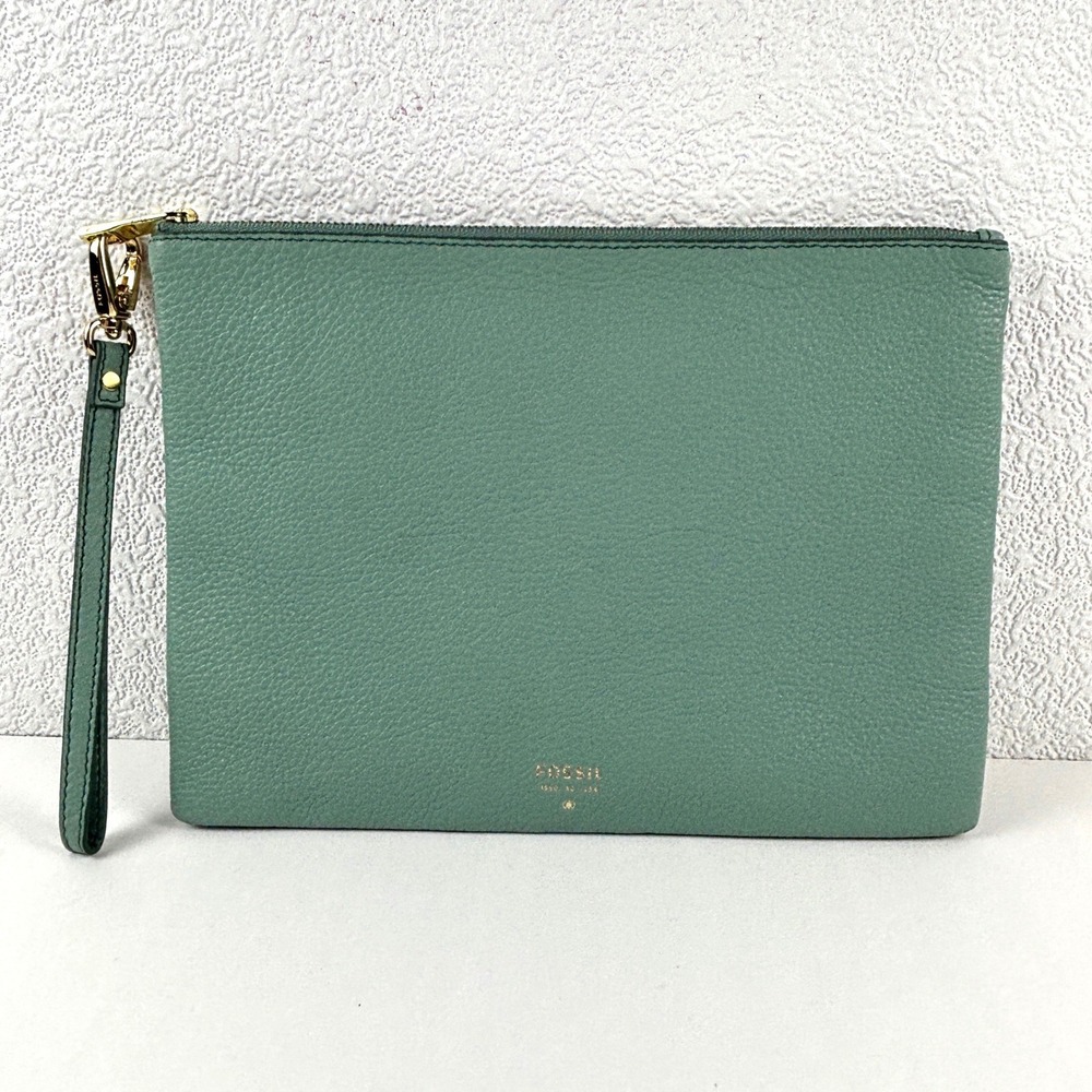 New Fossil‎ Wristlet Clutch Womens Large Sage Green Leather Pouch Zipper Bag